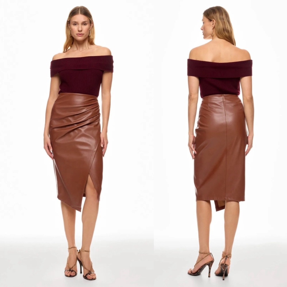 Jason Wu Cognac Brown Faux Leather Ruched Wrap Midi Skirt Womens Large